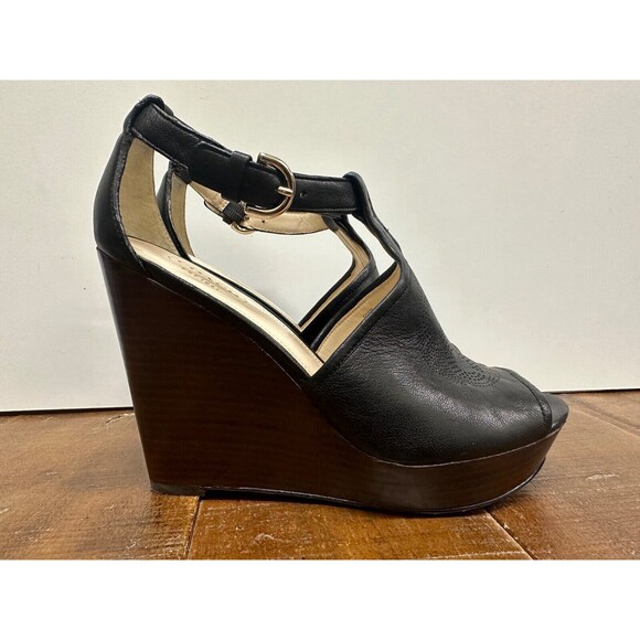 Coach Juday women size 6 B black leather high heel wedge platform sandals - Picture 1 of 12